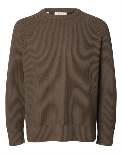 Selected - SLMBraun Rib Crew Strik - Chocolate Chip